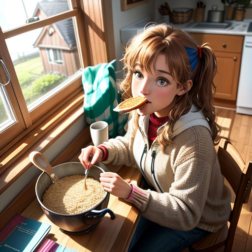 a woman sitting at a table with a bowl of cereal and a spoon in her mouth and a book on the table