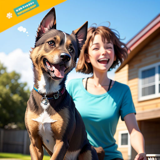 a woman and a dog outside a house with a yellow sign in the background that says happy dog day