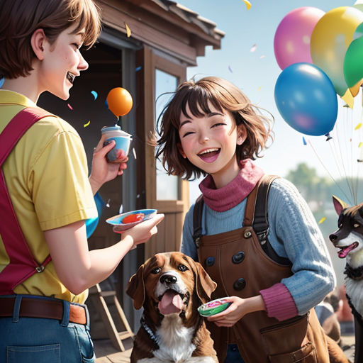 a boy and a girl are standing with a dog and a plate of food in front of them and balloons