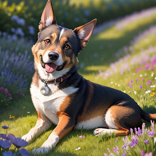 a dog laying in a field of flowers with its tongue out and tongue out, with a dog tag on its collar