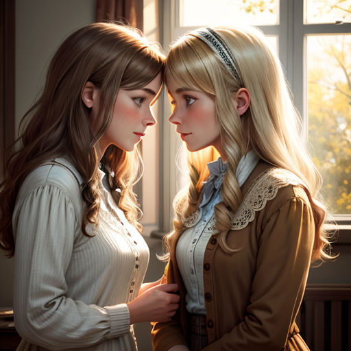 two women standing next to each other near a window with a tree outside of it and one of them is touching her shoulder