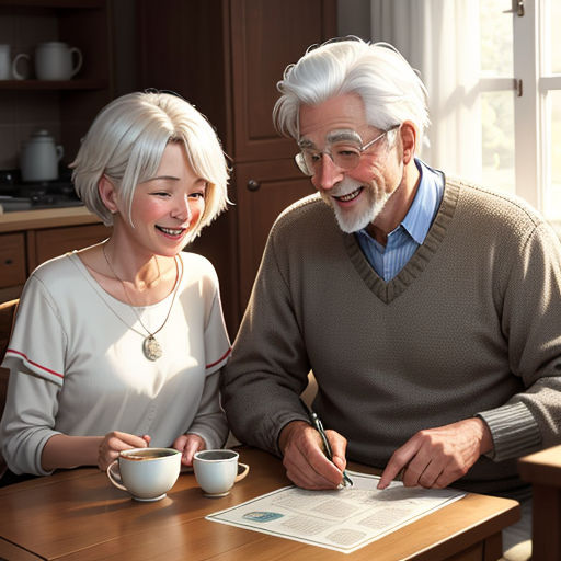 a man and woman sitting at a table with a cup of coffee and a book in front of them