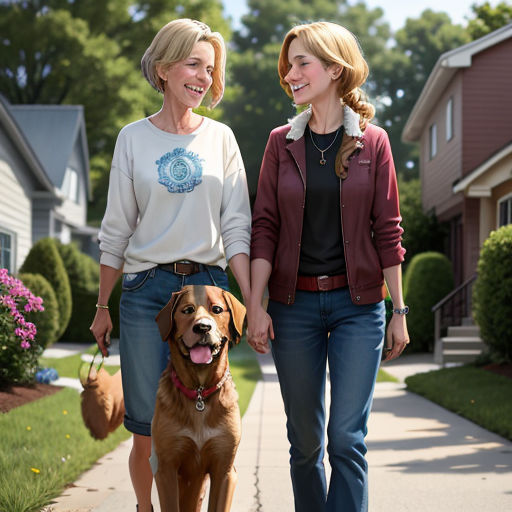 two women walking a dog down a sidewalk in front of houses with a dog on a leash in front of them