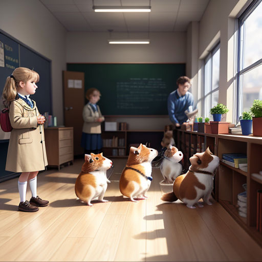 a group of small dogs standing in a room next to a window with people standing around it and a woman standing behind them