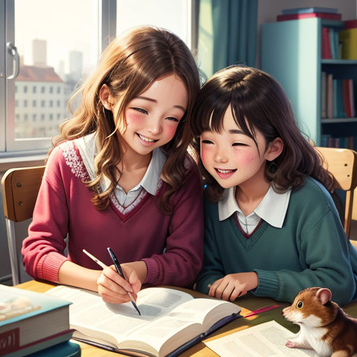 two girls sitting at a table with a book and a mouse in front of them, both smiling and writing
