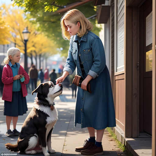 a woman is petting a dog on the street while two children watch from the sidewalk outside of a building