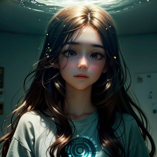 a girl with long hair and a t - shirt under water with a light shining on her head and a light shining on her head
