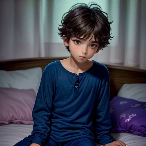 a young boy sitting on a bed with a blue shirt on and a purple pillow on the bed behind him