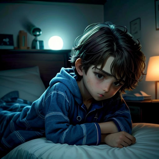 a young boy laying on a bed in a bedroom at night with a light on the wall behind him