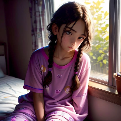 a little girl sitting on a bed looking out a window at the sun shining through the window panes