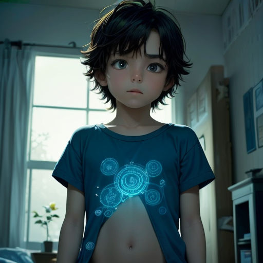 a young boy with a blue shirt on in a room with a window and a bed with a blue blanket