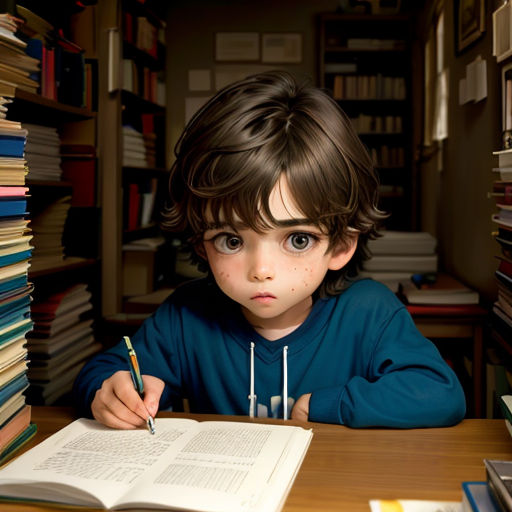 a young boy sitting at a desk with a book and pen in front of him and a stack of books behind him