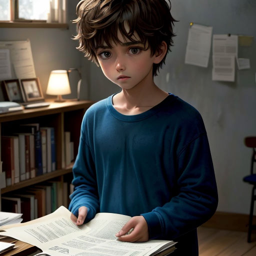 a boy is reading a book in a room with a desk and a lamp on it, and a bookcase in the background