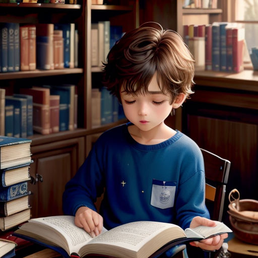 a boy sitting at a table reading a book in a library with bookshelves in the background and a bookcase full of books