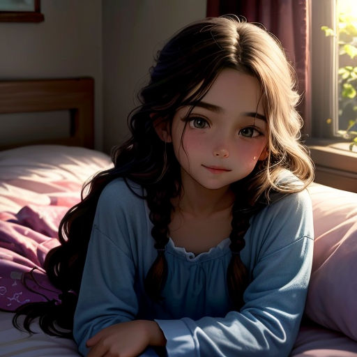 a little girl laying on a bed with a pink comforter and a window behind her and a pink blanket