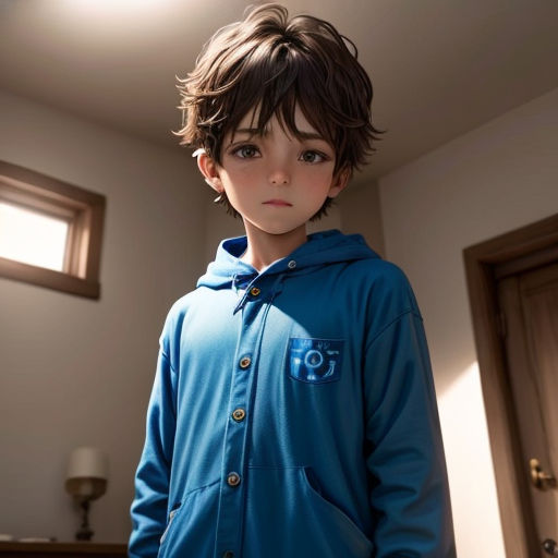 a young boy in a blue jacket standing in a room with a door and window behind him, looking at the camera
