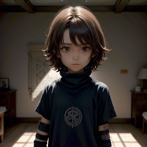 a young girl with a black shirt and a black turtle neck sweater stands in a room with a light coming through the window