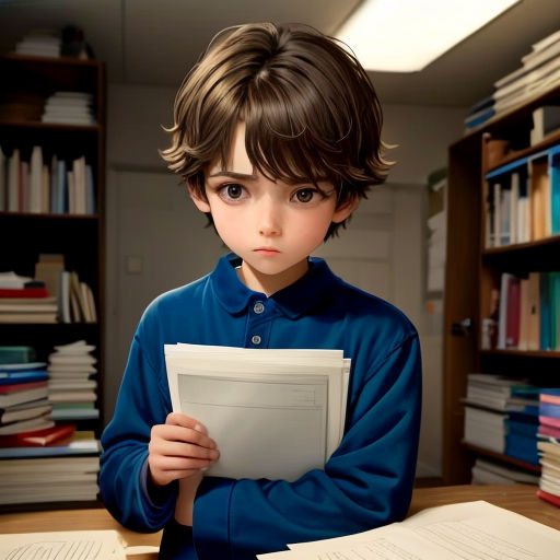 a boy holding a folder in front of a desk with books on it and a bookcase in the background
