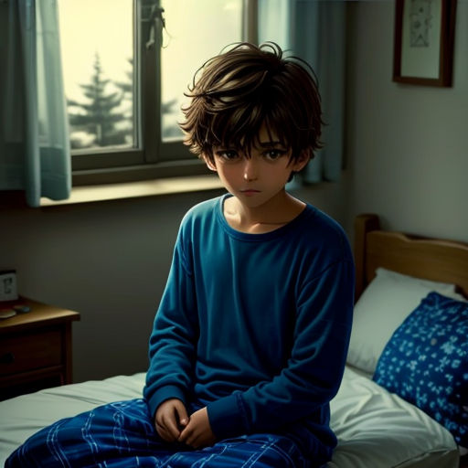 a boy sitting on a bed in a bedroom with a window behind him and a blue blanket on the bed