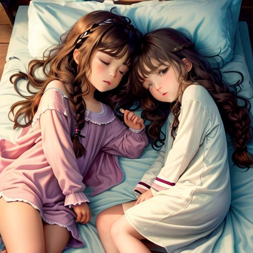 two girls laying on a bed with their arms around each other and one girl with her head on her shoulder
