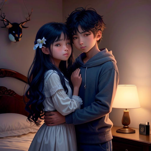 a couple of people standing next to each other in a room with a bed and a lamp on the side