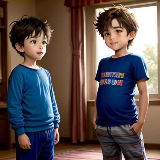two young boys standing next to each other in a room with a red rug and a window with curtains