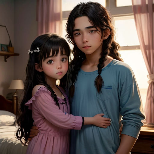 a boy and a girl standing next to each other in a bedroom with a window behind them and a bed