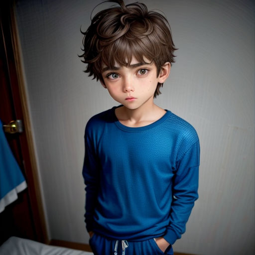 a young boy in a blue shirt standing in a room with a bed and a door in the background