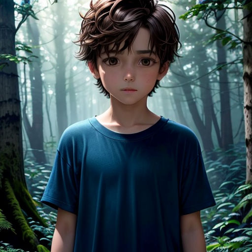 a boy standing in a forest with a forest background and trees and ferns on the ground, with a light shining on him