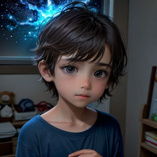 a young boy with a blue shirt and a black shirt is staring at the camera with a blue sky in the background