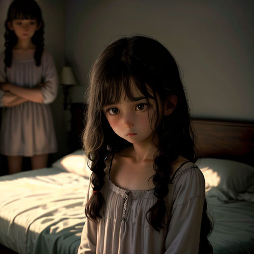 a little girl standing in front of a bed in a bedroom with a woman standing behind her in the background