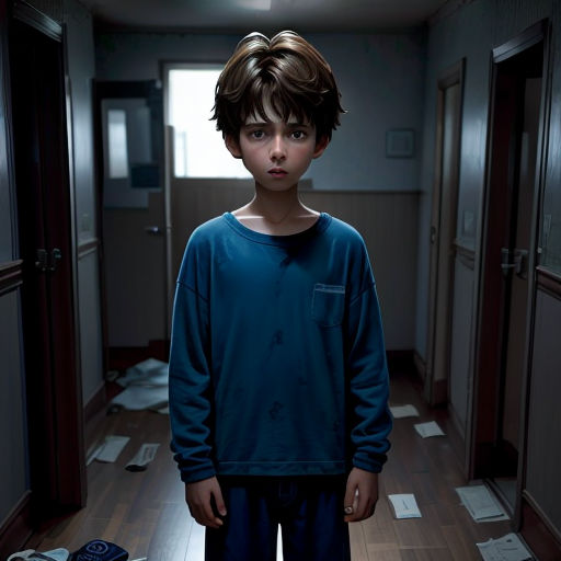 a young boy standing in a hallway with a pile of papers on the floor and a light above him
