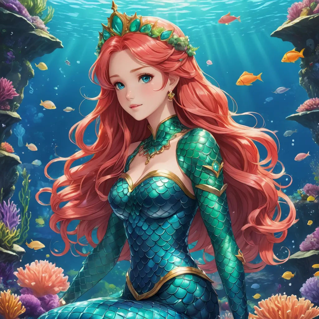 a beautiful redhead mermaid sitting on a rock under water with fish and corals around her neck and a crown on her head, fantasy art, a detailed painting, Artgerm, league of legends splash art