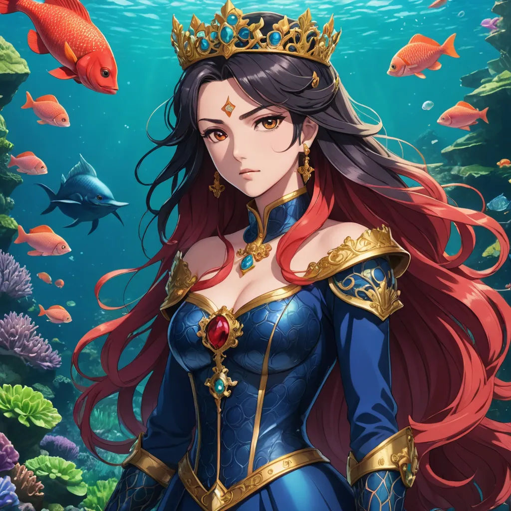 a woman in a blue dress and a crown standing in front of a coral reef with fish and corals, sots art, a detailed painting, Chen Hong, ocean