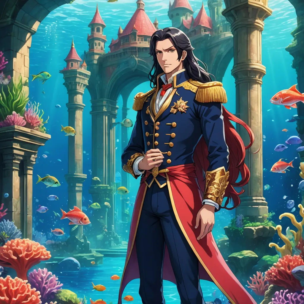 a man in a blue suit standing in front of a underwater castle with corals and fish around him, pre-raphaelitism, a character portrait, Edmond Xavier Kapp, official art