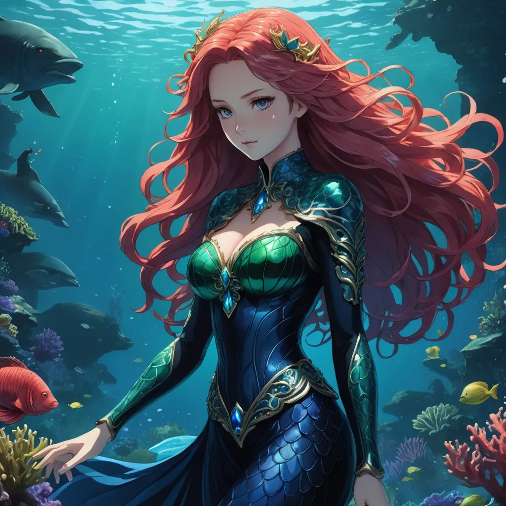 a beautiful red haired woman in a blue dress under water with a fish in her hand and a dolphin in the background, fantasy art, a detailed painting, Artgerm, ocean