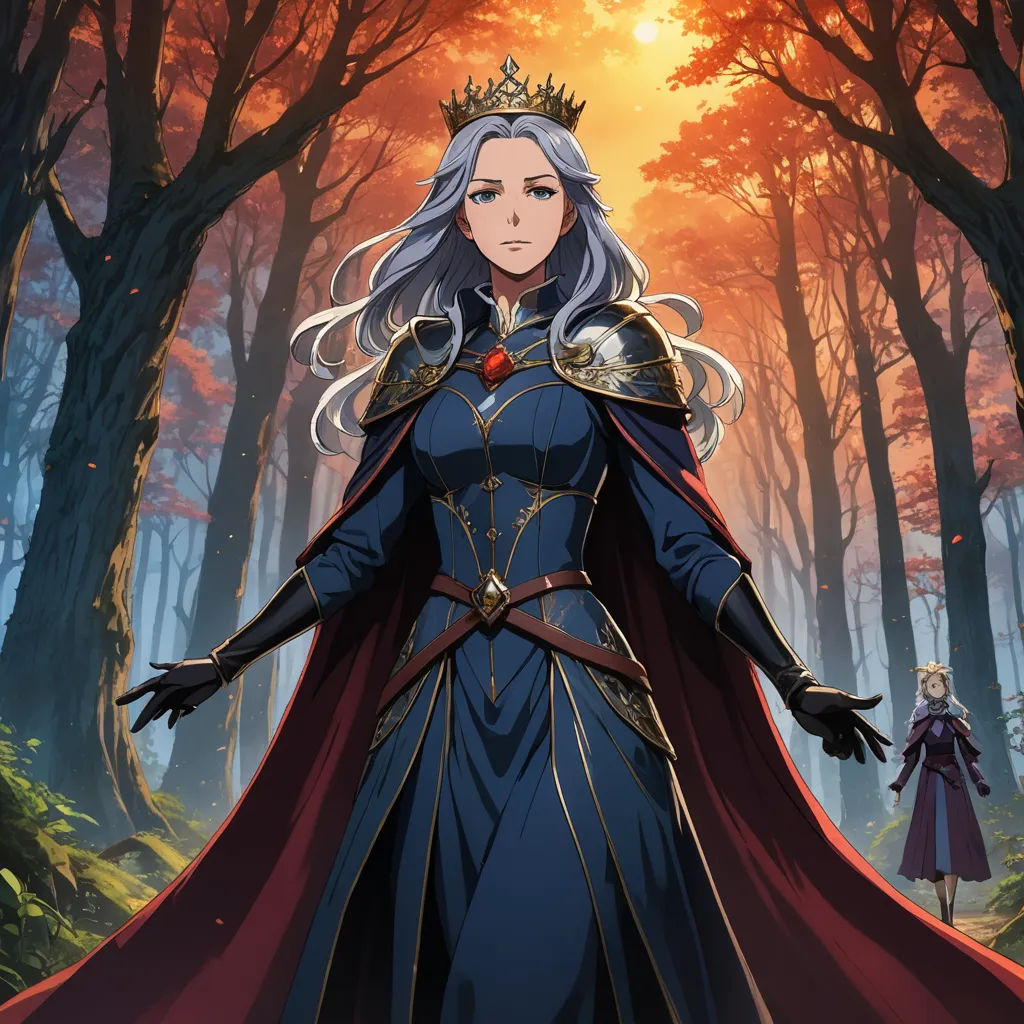 a woman in a blue dress and a red cape standing in a forest with trees and a red sun behind her, sots art, concept art, Ayami Kojima, official art