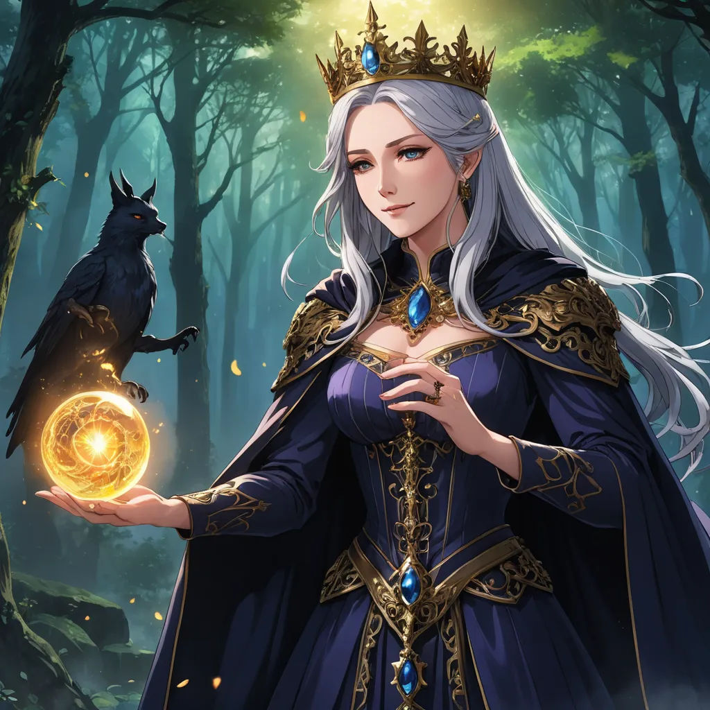 a woman in a blue dress holding a golden orb in a forest with a black cat on her shoulder, fantasy art, a character portrait, Anne Stokes, fantasy artwork