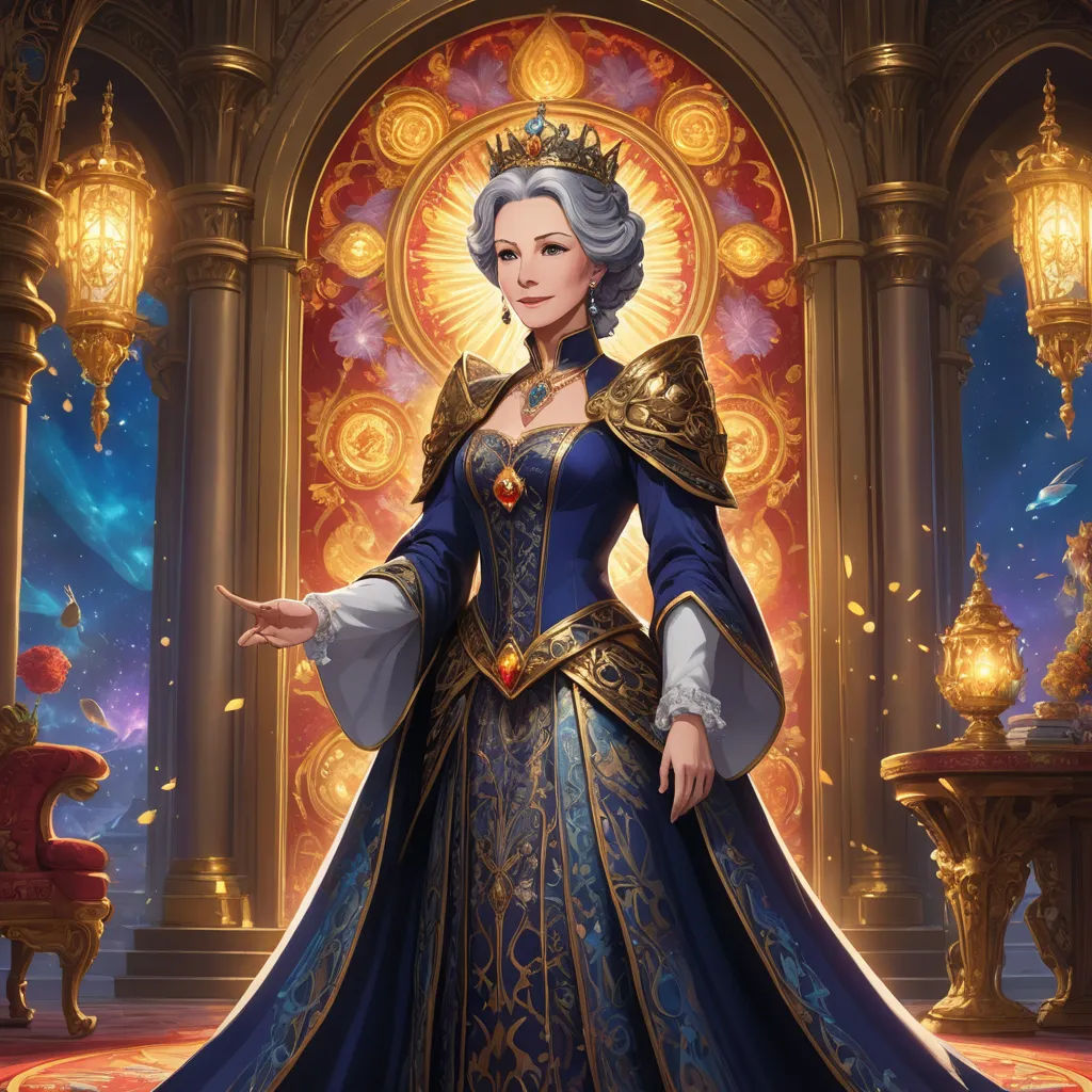 a woman in a blue dress standing in front of a window with a golden crown on her head and a red chair, fantasy art, a detailed painting, Anne Stokes, rossdraws global illumination