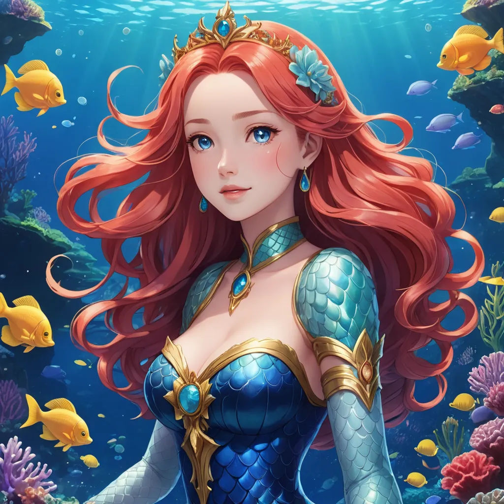 a beautiful red haired mermaid with long hair and a crown on her head standing in the ocean with fish, fantasy art, a detailed painting, Artgerm, fantasy artwork