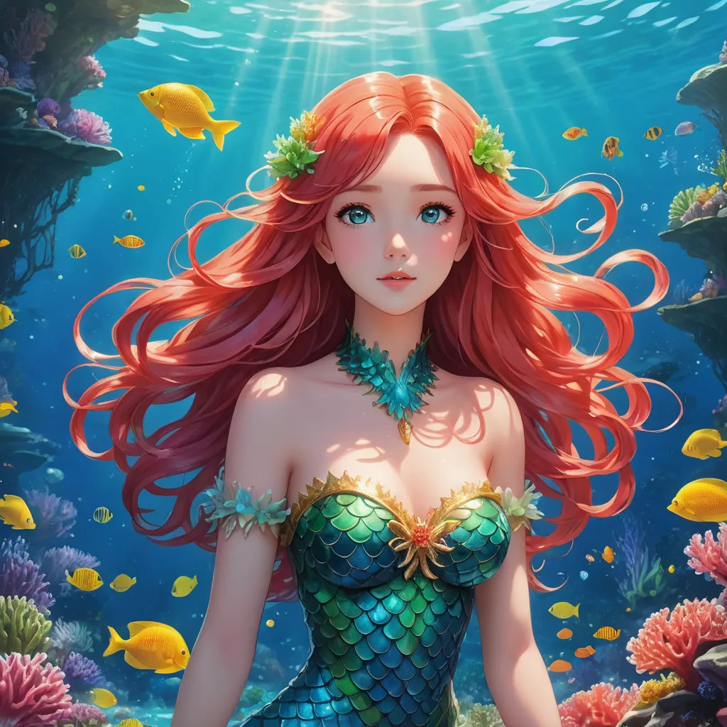 a beautiful red haired mermaid with long hair and a green dress standing in the water with fish around her, fantasy art, a detailed painting, Artgerm, rossdraws global illumination
