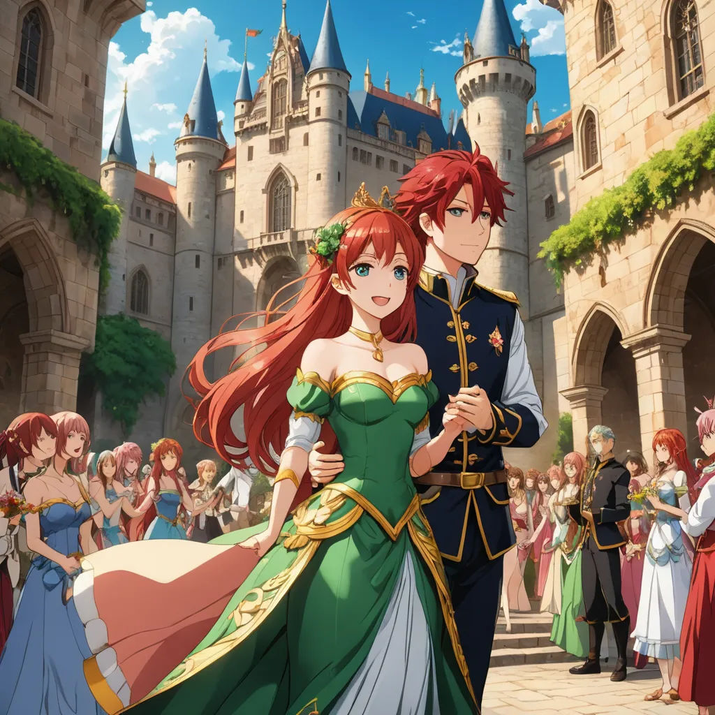 a couple of people standing in front of a castle with a lot of people around them and a castle in the background, sots art, concept art, disney, official art
