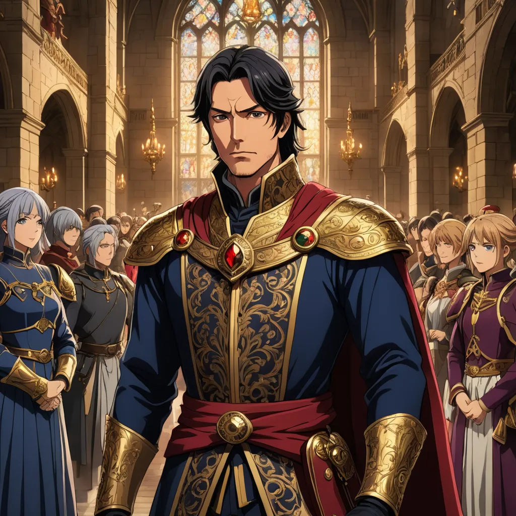 a man in a medieval costume standing in front of a group of people in a church with stained glass windows, pre-raphaelitism, a renaissance painting, Ayami Kojima, official art