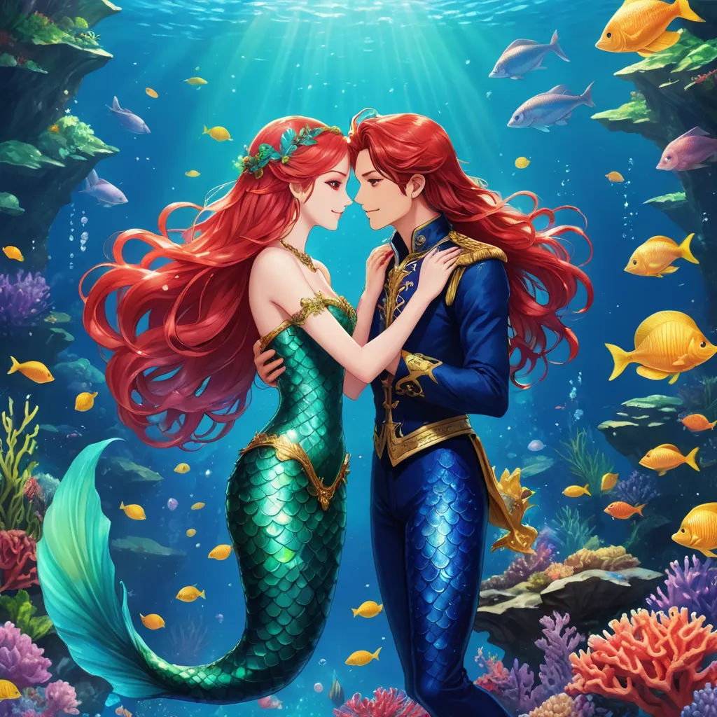 a couple of mermaids are kissing under the water with fish around them and under the water is a coral, fantasy art, a storybook illustration, Artgerm, rossdraws global illumination