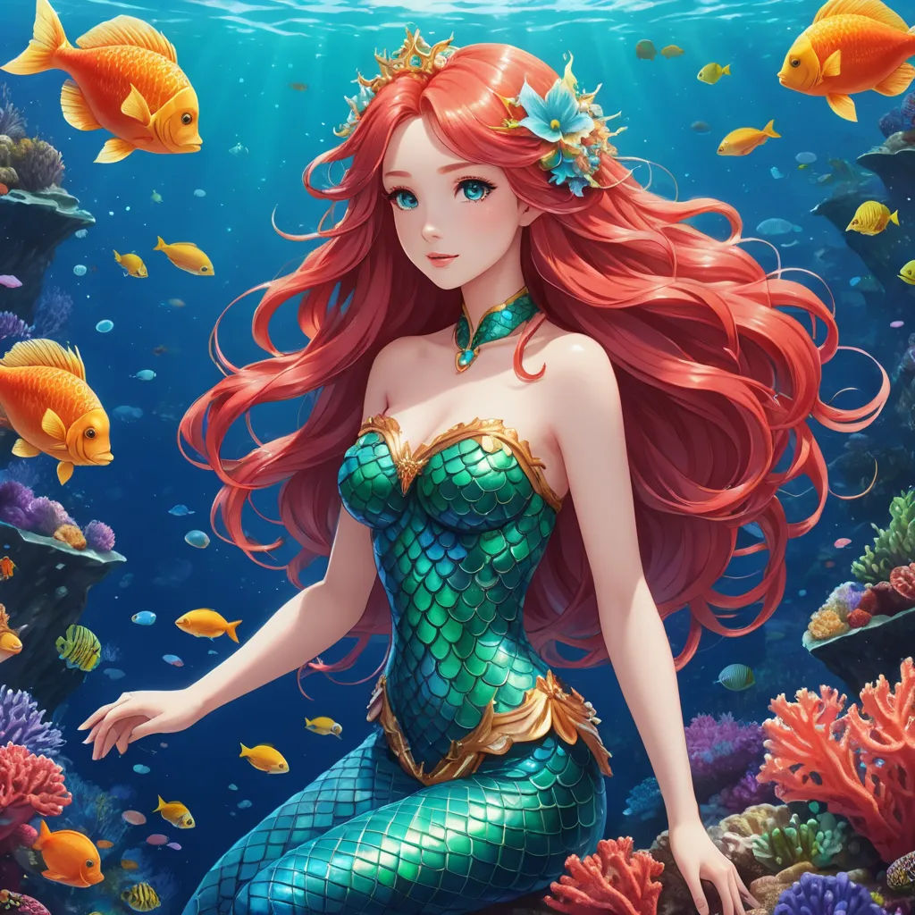 a beautiful red haired mermaid sitting on a rock under the water with fish around her neck and a fish in her hair, fantasy art, a detailed painting, Artgerm, league of legends splash art