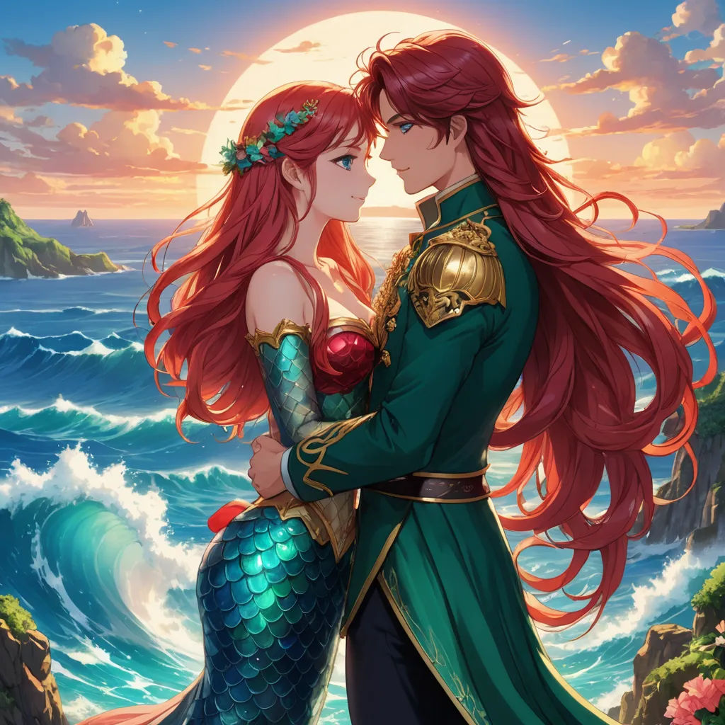 a couple of mermaids standing next to each other near the ocean with a sunset in the background and a full moon in the sky, fantasy art, a storybook illustration, Artgerm, official art