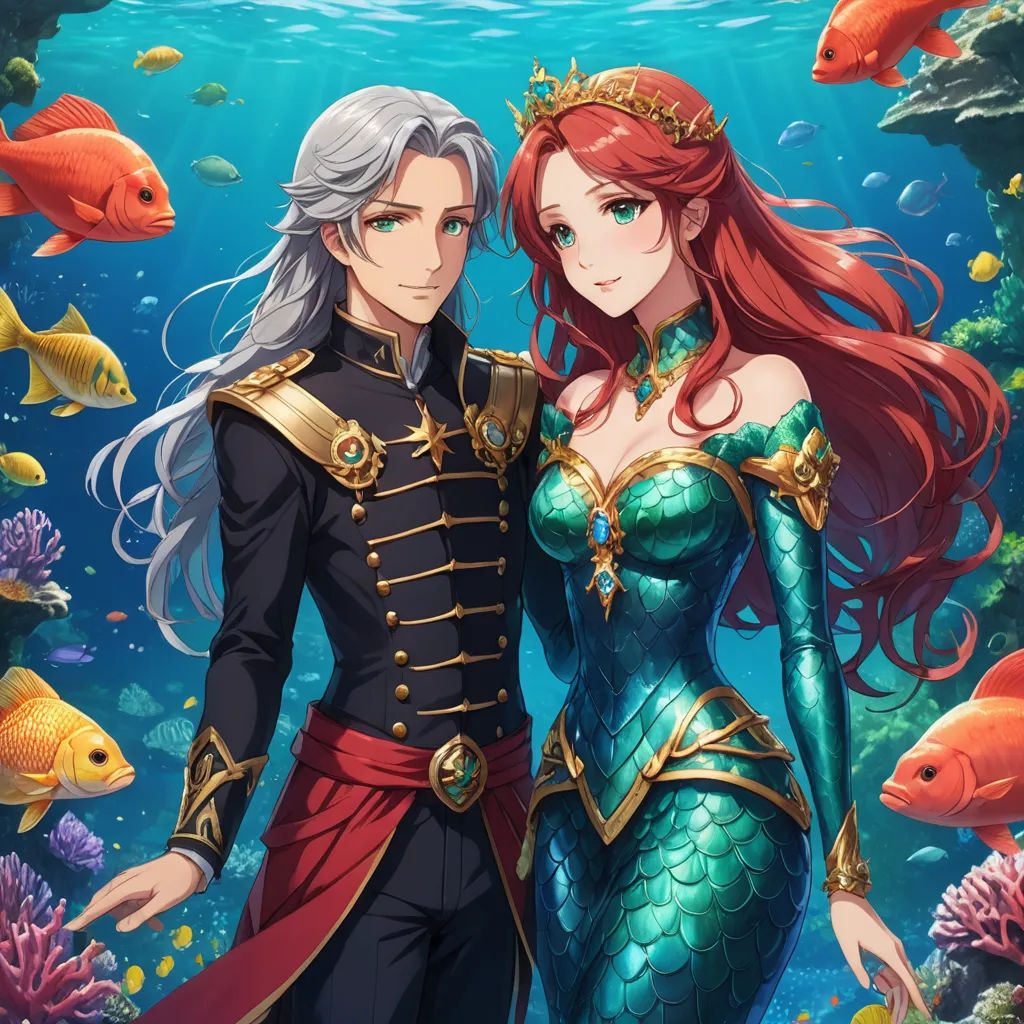 a couple of people standing next to each other under water with fish around them and under the water surface, fantasy art, a storybook illustration, Anne Said, official art