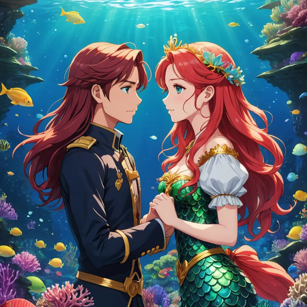 a couple of mermaids standing next to each other under water with fish and corals around them, under a blue sky, sots art, a storybook illustration, Anne Said, official art