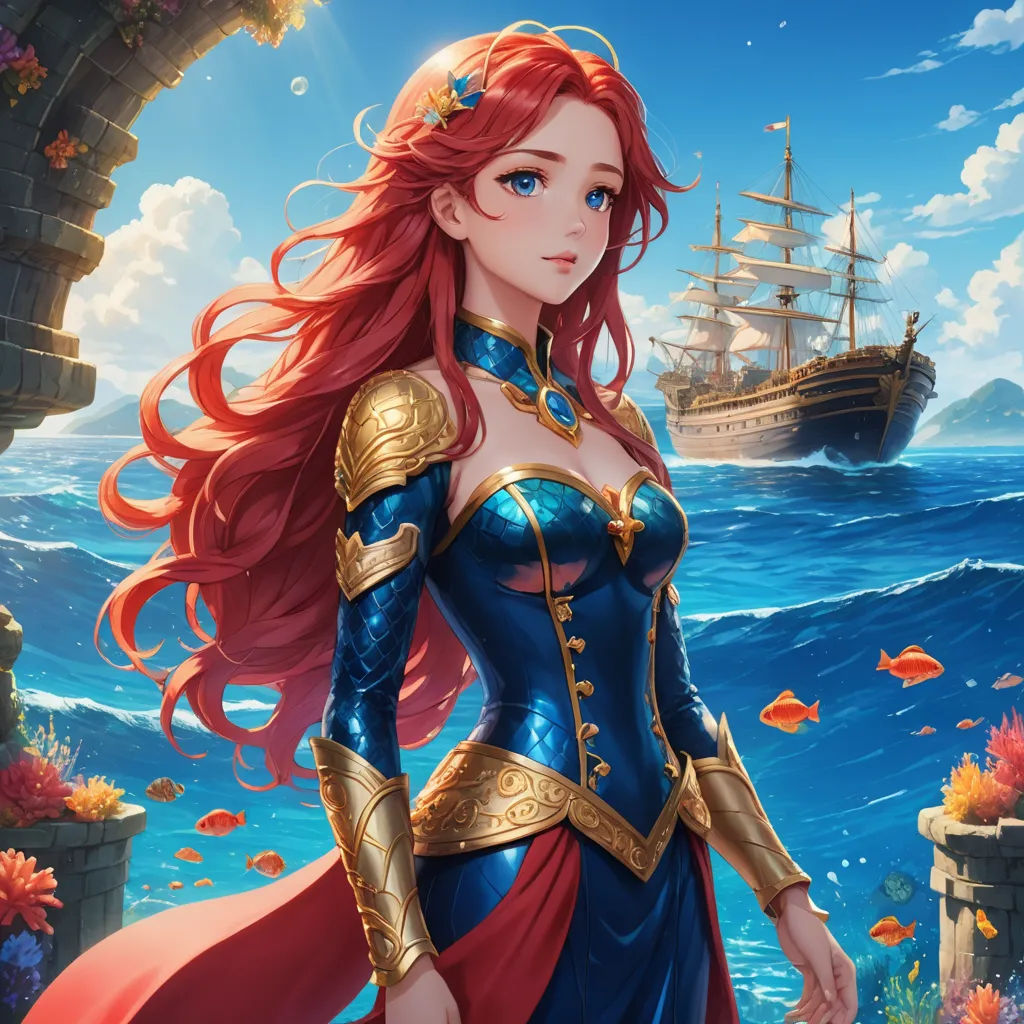 a beautiful red haired woman in a blue dress standing in front of a ship in the ocean with a red hair, fantasy art, a detailed painting, Anne Stokes, fantasy artwork