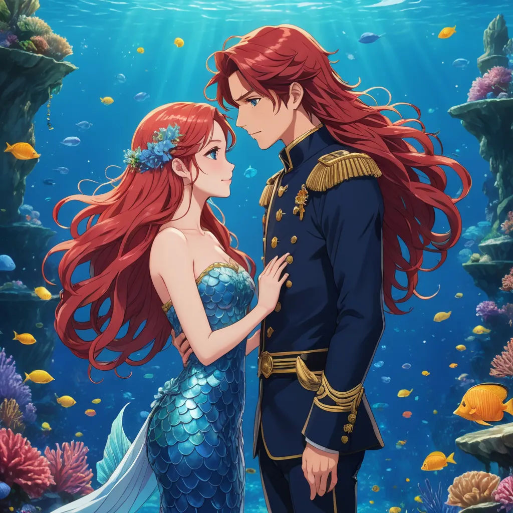 a man and a woman in a mermaid costume standing next to each other under the water with fish and corals, fantasy art, a storybook illustration, Anne Said, official art
